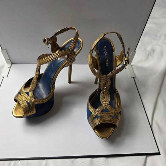 Sergio Rossi Gold & Navy Blue Leather Platform Heels – Size 39 (Made in Italy) - Picture 1 of 4